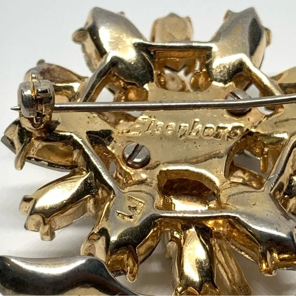 Vintage Original Eisenberg Goldtone Clear Rhinestone Flower Brooch - Picture 3 of 6